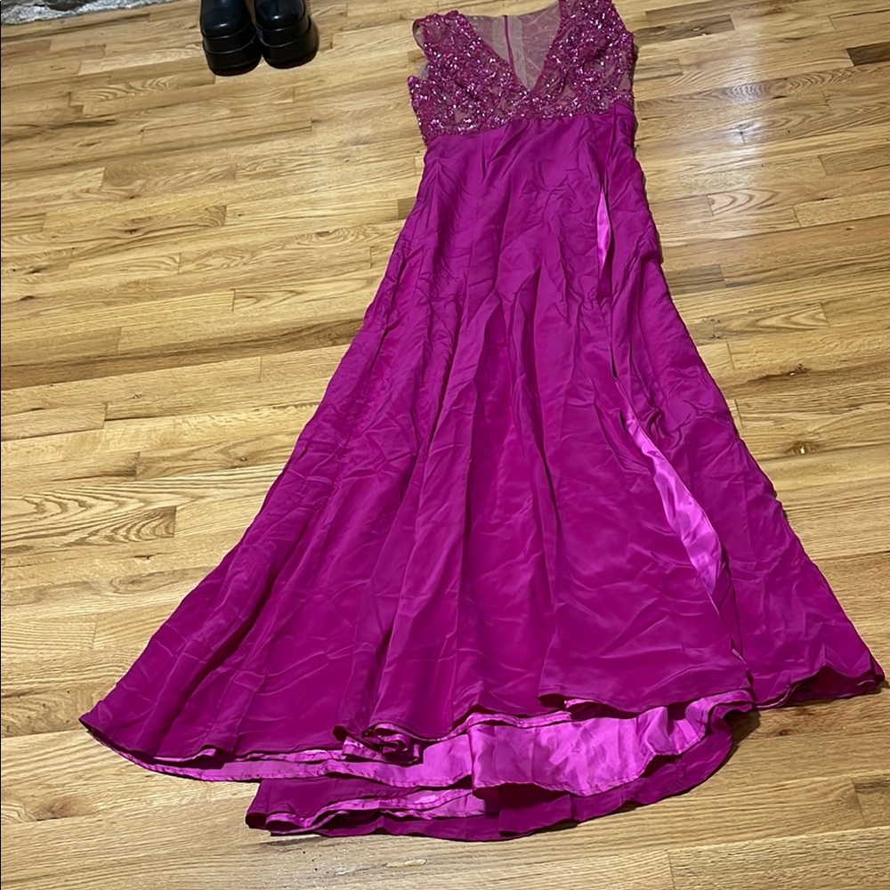 Pink Sleeveless Plunge Prom Gown